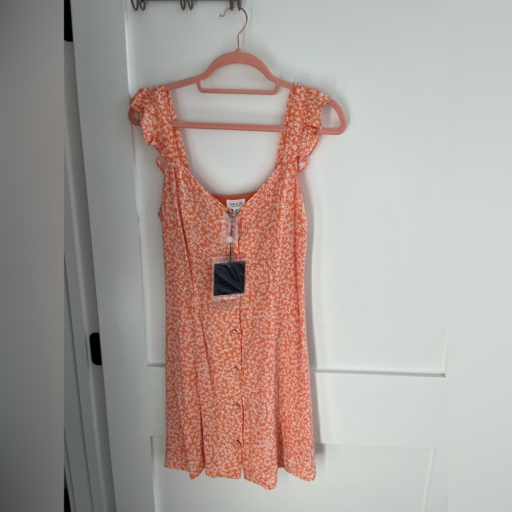 NEVER WORN orange floral mini dress with buttons down the front